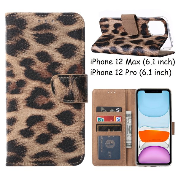 Ntech Hoesje Geschikt voor iPhone 12 / 12 Pro Hoesje Luipaard print cover Bookcase