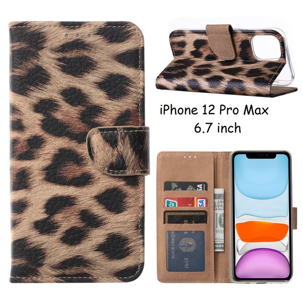 Ntech Hoesje Geschikt voor iPhone 12 Pro Max Hoesje Luipaard print Bookcase