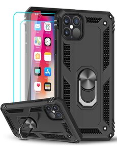 Ntech iPhone 12/12 Pro hoesje Tough armor ring Zwart + 2 stuks screenprotector