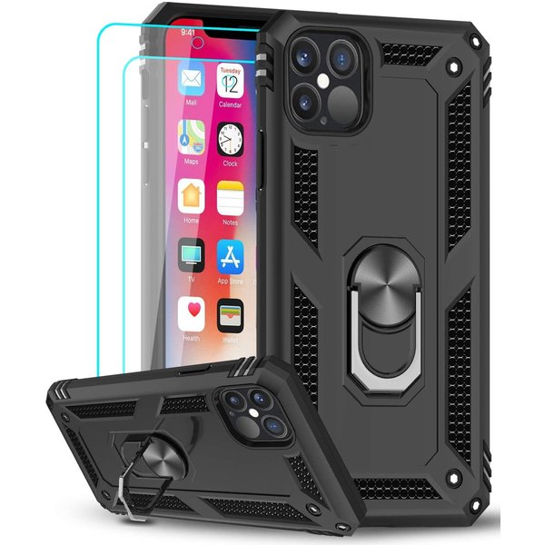 Ntech Hoesje Geschikt voor iPhone 12/12 Pro hoesje - Hardcase - Tough armor ring Zwart + 2 stuks screenprotector