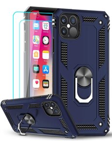 Ntech iPhone 12/12 Pro hoesje Tough armor ring Blauw + 2 stuks screenprotector