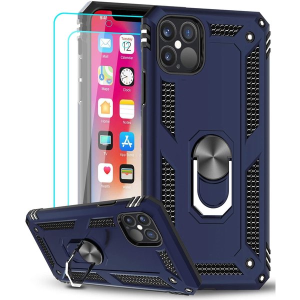 Ntech Hoesje Geschikt voor iPhone 12/12 Pro hoesje - Hardcase - Tough armor ring Blauw + 2 stuks screenprotector