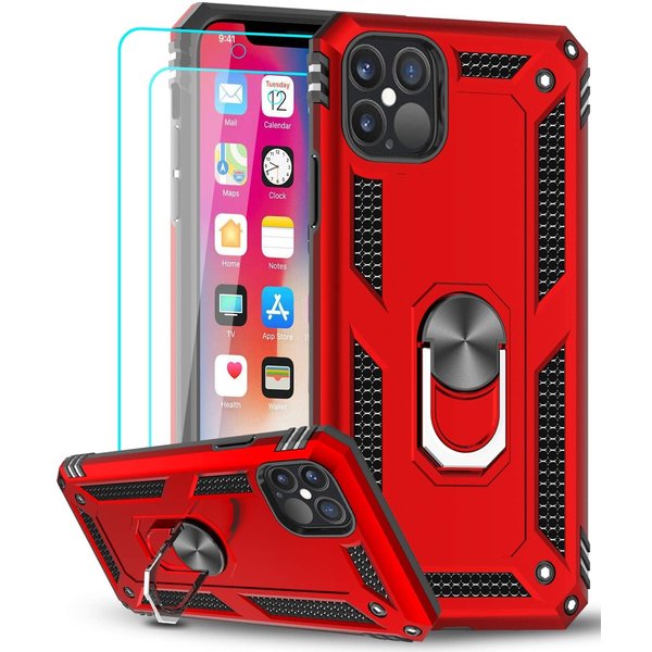 Ntech Hoesje Geschikt voor iPhone 12/12 Pro hoesje - Hardcase - Tough armor ring Rood + 2 stuks screenprotector