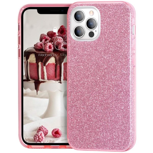 Ntech Hoesje Geschikt voor iPhone 12 Pro Hoesje - Glitter TPU backcover - Pink