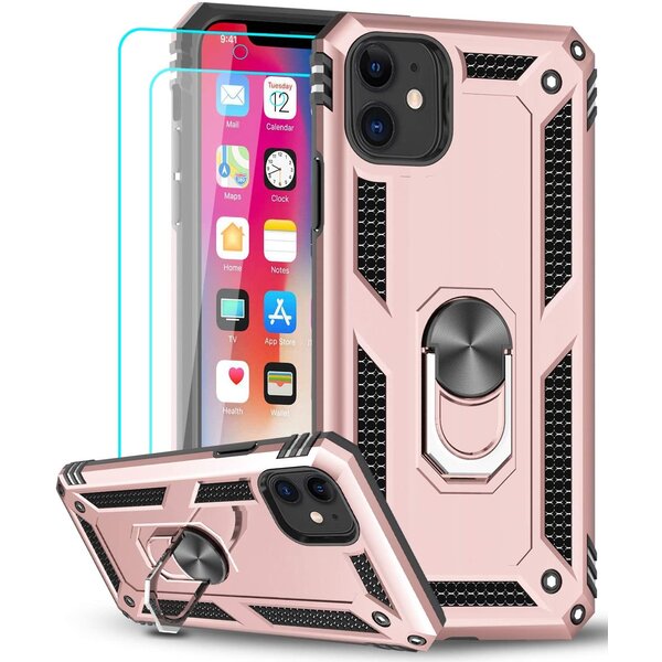 Ntech Hoesje Geschikt voor iPhone 12 Mini hoesje - Hardcase - Tough armor ring Rose Goud + 2 stuks screenprotector