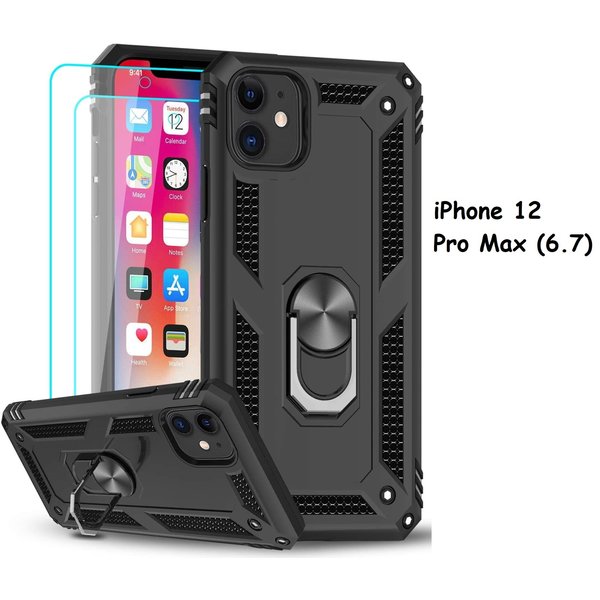 Ntech Hoesje Geschikt voor iPhone 12 Pro Max hoesje - Hardcase - Tough armor ring Zwart + 2 stuks screenprotector