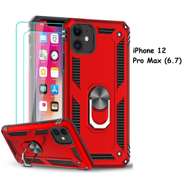 Ntech Hoesje Geschikt voor iPhone 12 Pro Max hoesje - Hardcase - Tough armor ring Rood + 2 stuks screenprotector