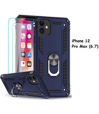 Ntech iPhone 12 Pro Max hoesje Tough armor ring Donker Blauw + 2 stuks screenprotector