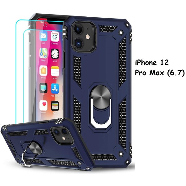 Ntech Hoesje Geschikt voor iPhone 12 Pro Max hoesje - Hardcase - Tough armor ring Donker Blauw + 2 stuks screenprotector