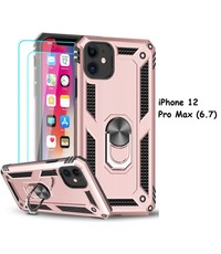 Ntech iPhone 12 Pro Max hoesje Tough armor ring Rose Goud + 2 stuks screenprotector