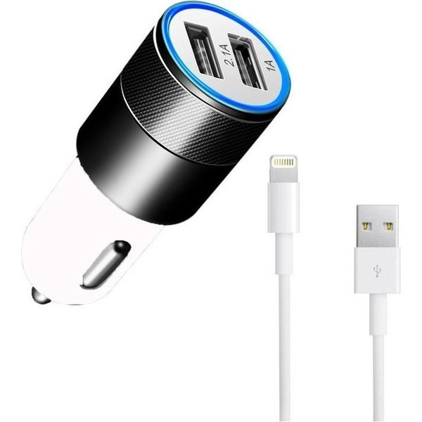 Durata Durata DR-DC858 Zwart 2 USB Poorten USB autolader 2.1A Snel Oplader Auto adapter Met Lightning kabel voor Geschikt voor iPhone 11 / Pro / Max / X / Xs/ XR / MAX / 8 / 8 Plus / SE / 2020 / 5S / 5 / 5C / 6S / 6 Plus / 7 / 7 Plus / Geschikt Voor iPad