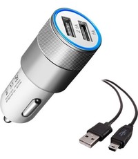 Durata Durata DR-DC858 Zilver 2 USB Poorten USB autolader 2.1A Snel Oplader Auto adapter met 1 Mini USB Kabel Voor Tomtom Navigatie