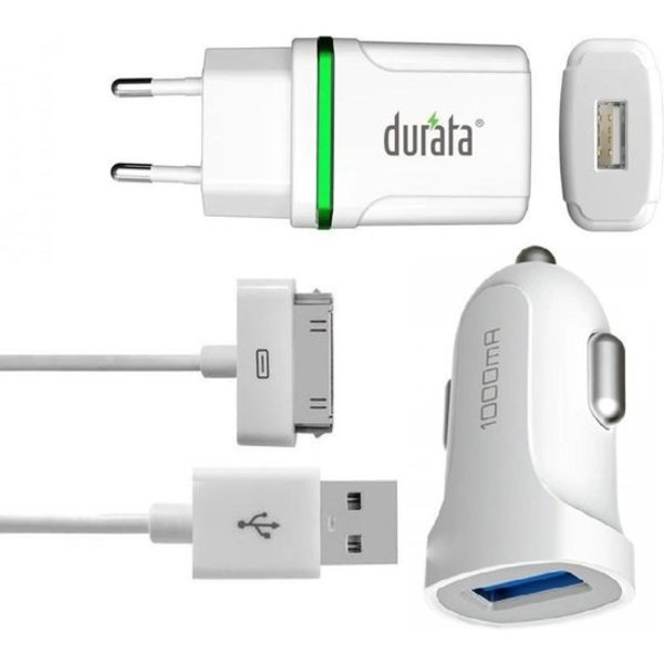 Durata Durata AC Adapter Smart Mini oplader + 30-pin kabel + Autolader 1A DR-A3002 Voor Geschikt voor iPhone 3G / 3GS / 4 / 4S