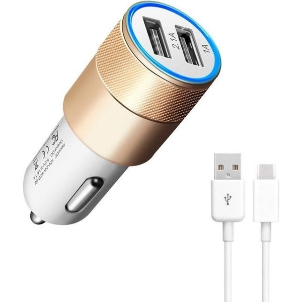 Durata Durata DR-DC858 Goud 2 USB Poorten USB autolader 2.1A Snel Oplader Auto adapter met 1 Type C USB Kabel Voor Geschikt voor Samsung / Geschikt voor Sony / Geschikt voor Huawei / Motorola / Oppo / OnePlus / HTC / Xiaomi / Alcatel