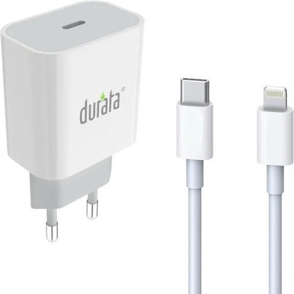 Durata Durata adapter DR-75 met PD-poort 18W 3.0A Snellader Single-poort 18W oplader + USB-C naar Lightning kabel - Power Delivery oplader - Voor Apple Geschikt voor iPhone