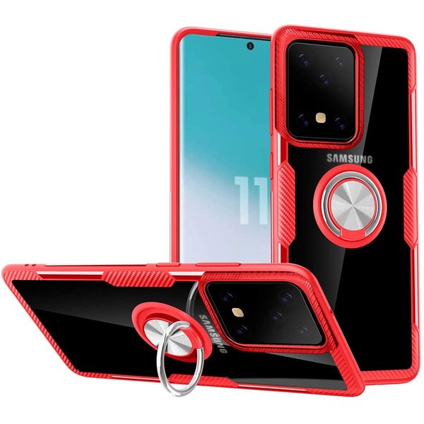 Ntech Hoesje Geschikt Voor Samsung Galaxy S20 Ultra Luxe Back Hoesje & Metalen Ring houder - Rood