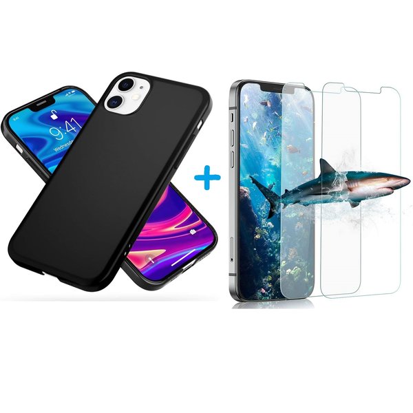 Ntech Hoesje Geschikt voor iPhone 12 Mini Hoesje - TPU siliconen Case zwart + 2x tempered glass screeprotector