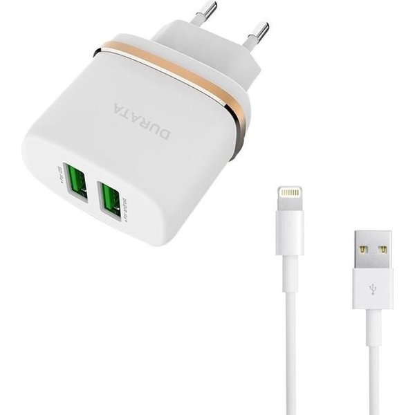 Durata Durata AC521 2.4A Dual 2 USB poort adapter oplader met Lightning kabel voor Geschikt voor iPhone 11 / Pro / Max / X / Xs/ XR / MAX / 8 / 8 Plus / SE / 2020 / 5S / 5 / 5C / 6S / 6 Plus / 7 / 7 Plus