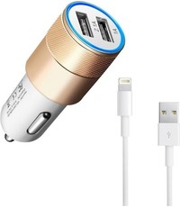 Durata Durata DR-DC858 Goud 2 USB Poorten USB autolader 2.1A Snel Oplader Auto adapter Met Lightning kabel voor iPhone 11 / Pro / Max / X / Xs/ XR / MAX / 8 / 8 Plus / SE / 2020 / 5S / 5 / 5C / 6S / 6 Plus / 7 / 7 Plus / iPad