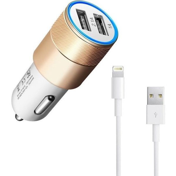 Durata Durata DR-DC858 Goud 2 USB Poorten USB autolader 2.1A Snel Oplader Auto adapter Met Lightning kabel voor Geschikt voor iPhone 11 / Pro / Max / X / Xs/ XR / MAX / 8 / 8 Plus / SE / 2020 / 5S / 5 / 5C / 6S / 6 Plus / 7 / 7 Plus / Geschikt Voor iPad