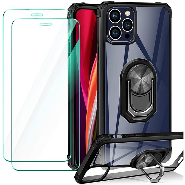 Ntech Hoesje Geschikt voor iPhone 12 / 12 Pro Hoesje met Premium ring houder – kickstand armor backcover zwart + 2X screenprotector