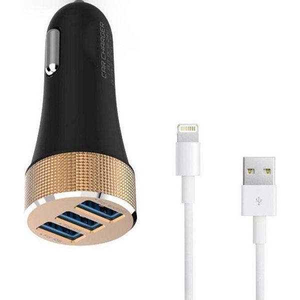 Durata Durata DR-C502 Zwart Autolader 3 USB Poort 5.1A Met Lightning kabel voor Geschikt voor iPhone 11 / Pro / Max / X / Xs/ XR / MAX / 8 / 8 Plus / SE / 2020 / 5S / 5 / 5C / 6S / 6 Plus / 7 / 7 Plus / Geschikt Voor iPad