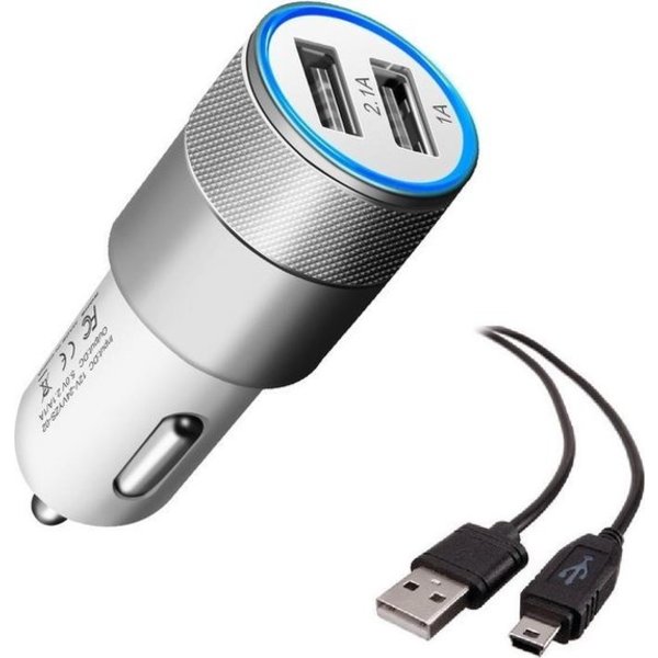 Durata Durata DR-DC858 Zilver 2 USB Poorten USB autolader 2.1A Snel Oplader Auto adapter met 1 Mini USB Kabel Voor Tomtom Navigatie