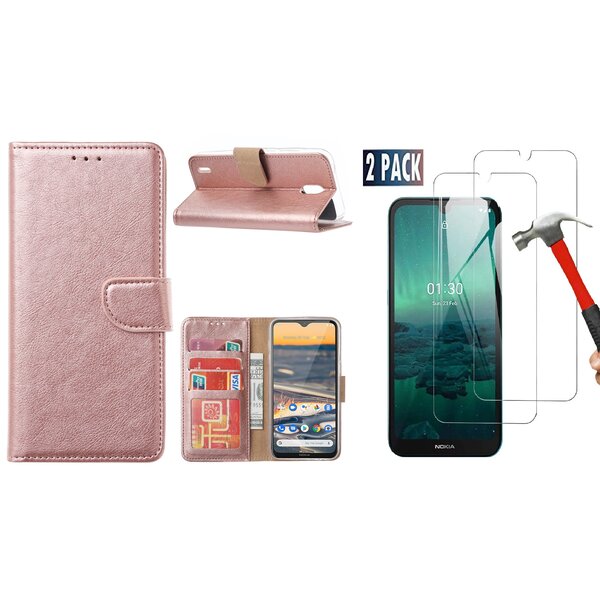 Ntech Hoesje geschikt voor Nokia 1.3 Hoesje Portemonnee cover Met Pasjesruimte Rose Goud - 2x Screen Protector
