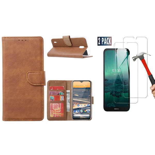 Ntech Hoesje geschikt voor Nokia 1.3 Hoesje Portemonnee cover Met Pasjesruimte Bruin - 2x Screen Protector