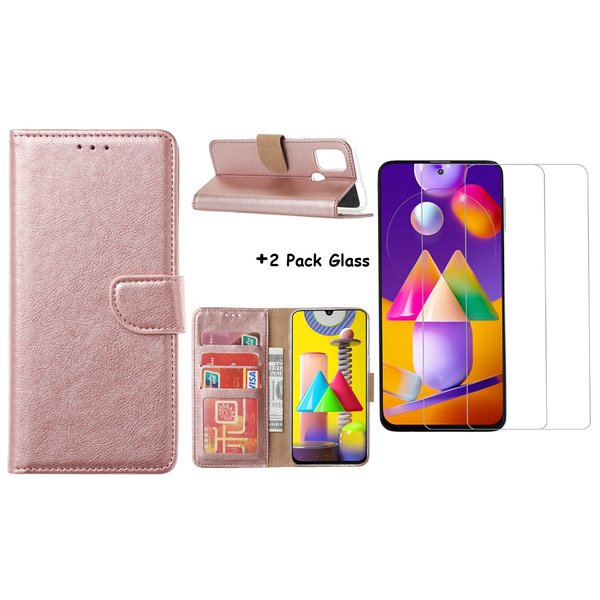 Ntech Hoesje Geschikt Voor Samsung Galaxy M31S Boek Hoesje / Wallet cover - Rose Goud Met 2X glas Screenprotector