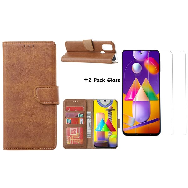 Ntech Hoesje Geschikt Voor Samsung Galaxy M31S Boek Hoesje / Wallet cover - Bruin Met 2X glas Screenprotector