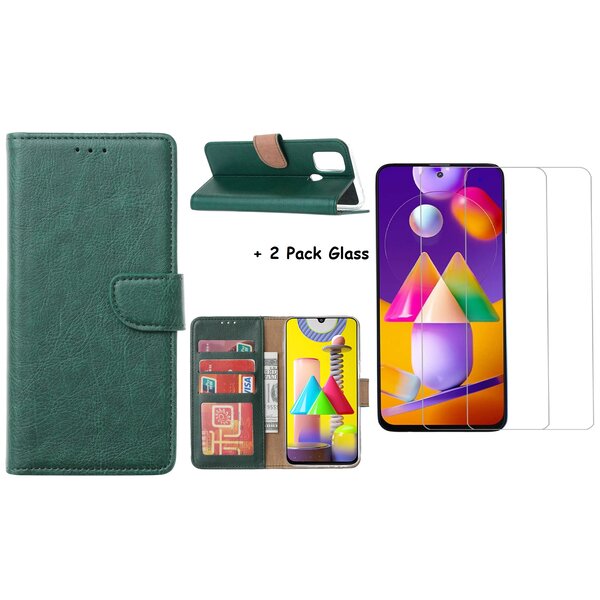 Ntech Hoesje Geschikt Voor Samsung Galaxy M31S Boek Hoesje / Wallet cover - Groen Met 2X glas Screenprotector