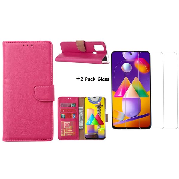 Ntech Hoesje Geschikt Voor Samsung Galaxy M31S Boek Hoesje / Wallet cover - Pink Met 2X glas Screenprotector
