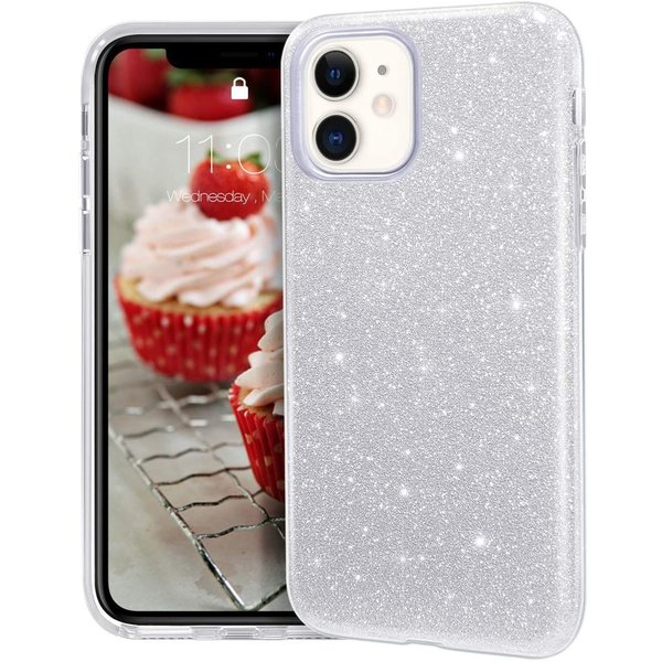 Ntech Hoesje Geschikt voor iPhone 12 Mini Hoesje - Glitter TPU Backcover - Zilver