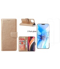 Ntech iPhone 12 / 12 Pro hoesje Bookcase hoes Goud + 2x tempered glass