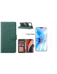Ntech iPhone 12 / 12 Pro hoesje Bookcase hoes Groen + 2x tempered glass