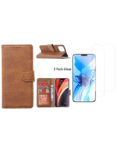 Ntech iPhone 12 / 12 Pro hoesje Bookcase hoes Bruin + 2x tempered glass