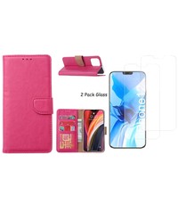 Ntech iPhone 12 / 12 Pro hoesje Bookcase hoes Pink + 2x tempered glass