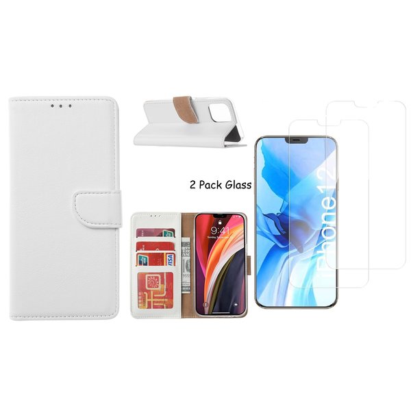 Ntech Hoesje Geschikt voor iPhone 12 Mini hoesje - bookcase / wallet cover portemonnee Bookcase Wit + 2x tempered glass / Screenprotector