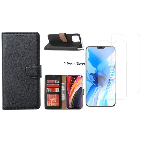 Ntech Hoesje Geschikt voor iPhone 12 Pro Max hoesje - portemonnee bookcase / wallet cover Zwart + 2x tempered glass / Screenprotector