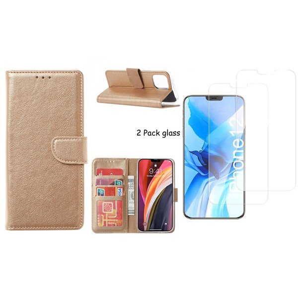 Ntech Hoesje Geschikt voor iPhone 12 Pro Max hoesje - portemonnee bookcase / wallet cover Goud + 2x tempered glass / Screenprotector
