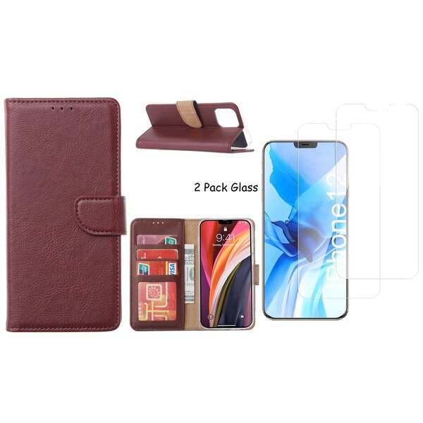 Ntech Hoesje Geschikt voor iPhone 12 Pro Max hoesje - portemonnee bookcase / wallet cover Bordeaux + 2x tempered glass / Screenprotector