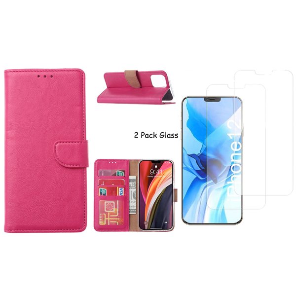 Ntech Hoesje Geschikt voor iPhone 12 Pro Max hoesje - portemonnee bookcase / wallet cover Pink + 2x tempered glass / Screenprotector