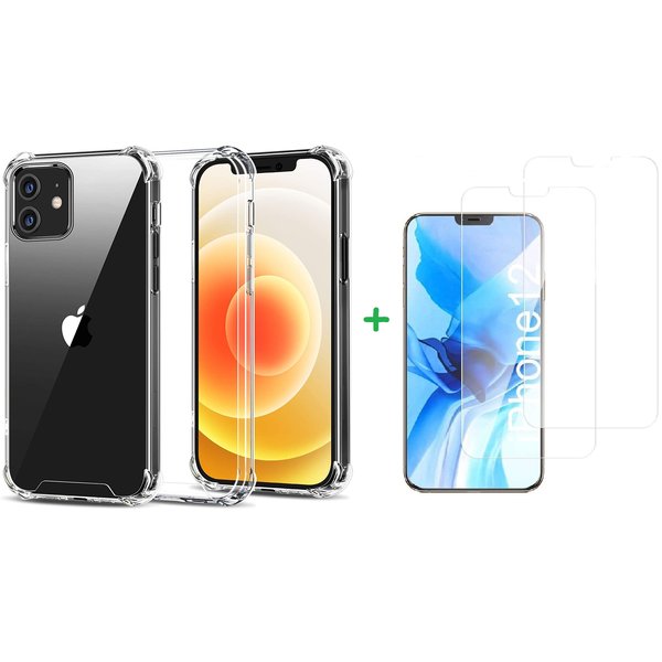 Ntech Hoesje Geschikt voor iPhone 12 Hoesje Transparant shock Proof Hoesje -siliconen case - Hoesje Geschikt voor iPhone 12 Pro TPU Schokbestendig backcover (verstevigde randen) Hoesje Geschikt voor iPhone 12 / 12 pro tempered glass 2 pack screenprotector