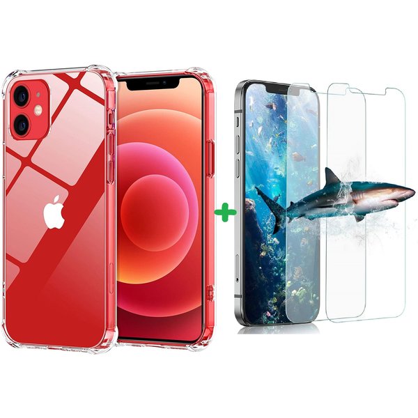 Ntech Hoesje Geschikt voor iPhone 12 Mini hoesje Transparant shock Proof case siliconen - Hoesje Geschikt voor iPhone 12 Mini TPU Schokbestendig backcover (verstevigde randen) Hoesje Geschikt voor iPhone 12 Mini tempered glass 2 pack screenprotector