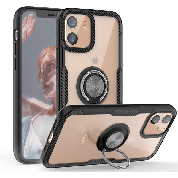 Ntech Hoesje Geschikt voor iPhone 12 Pro Max (6.7) Luxe hoesje Backcover case - Metalen Ring houder - Zwart