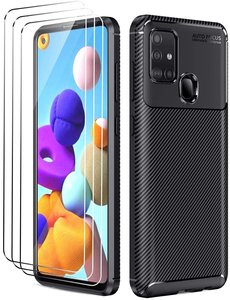 Ntech Samsung Galaxy A21s Hoesje Geborsteld TPU case / Brushed backcover Zwart - 3x Screenprotector