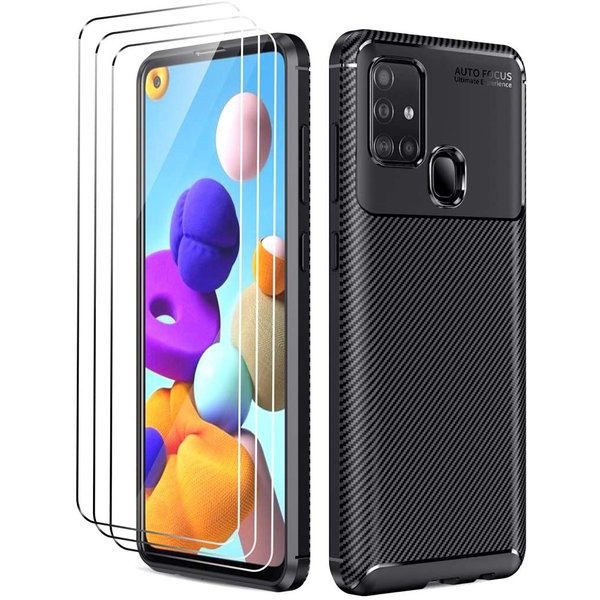 Ntech Hoesje Geschikt Voor Samsung Galaxy A21s Hoesje Geborsteld TPU case / Brushed back cover Zwart - 3x screen protector