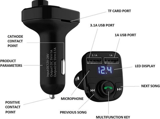 Eisenz EZ800 Bluetooth FM transmitter, CarKit , bluetooth mp3 player Play  Modes / Hands-free Bellen / TF Kaart / USB Auto Lader / USB Flash Drive /  AUX Input / Bluetooth Carkit 