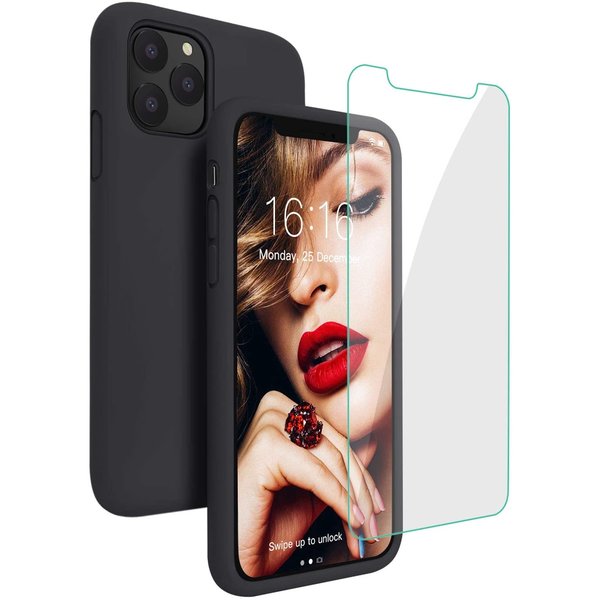 Ntech Hoesje Geschikt voor iPhone 12 / 12 Pro hoesje - Soft Nano siliconen Gel Rubber backcover Zwart met Glazen screenprotector